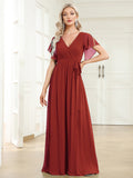 Short Sleeve Ruffle Deep V-Neck A-Line Floor Length Evening Dresses