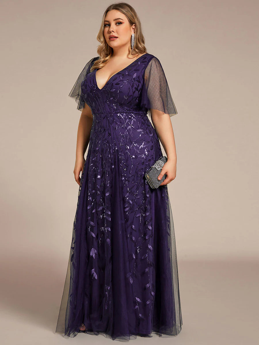 Plus Size Deep V Neck Wholesale Sequin Evening Gown With Short Sleeves