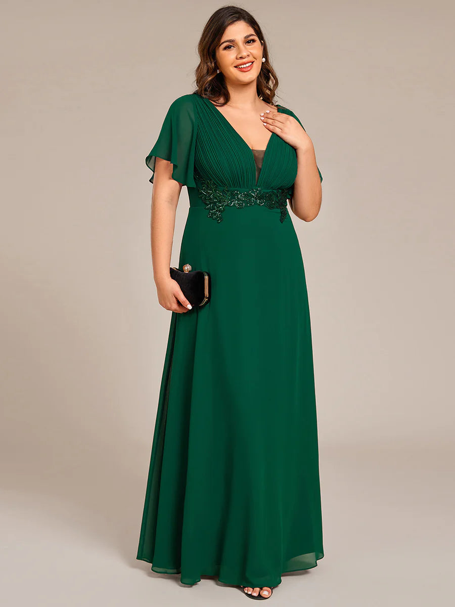 Plus Size Elegant Ruffles Sleeve Chiffon Evening Dresses with Pleated Applique Decoration