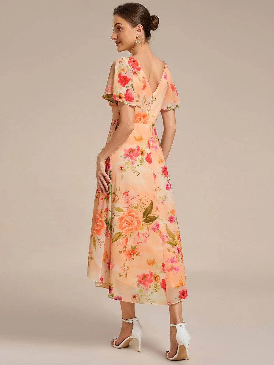 Chic V Neck High-Low Short Sleeve Wedding Guest Dress