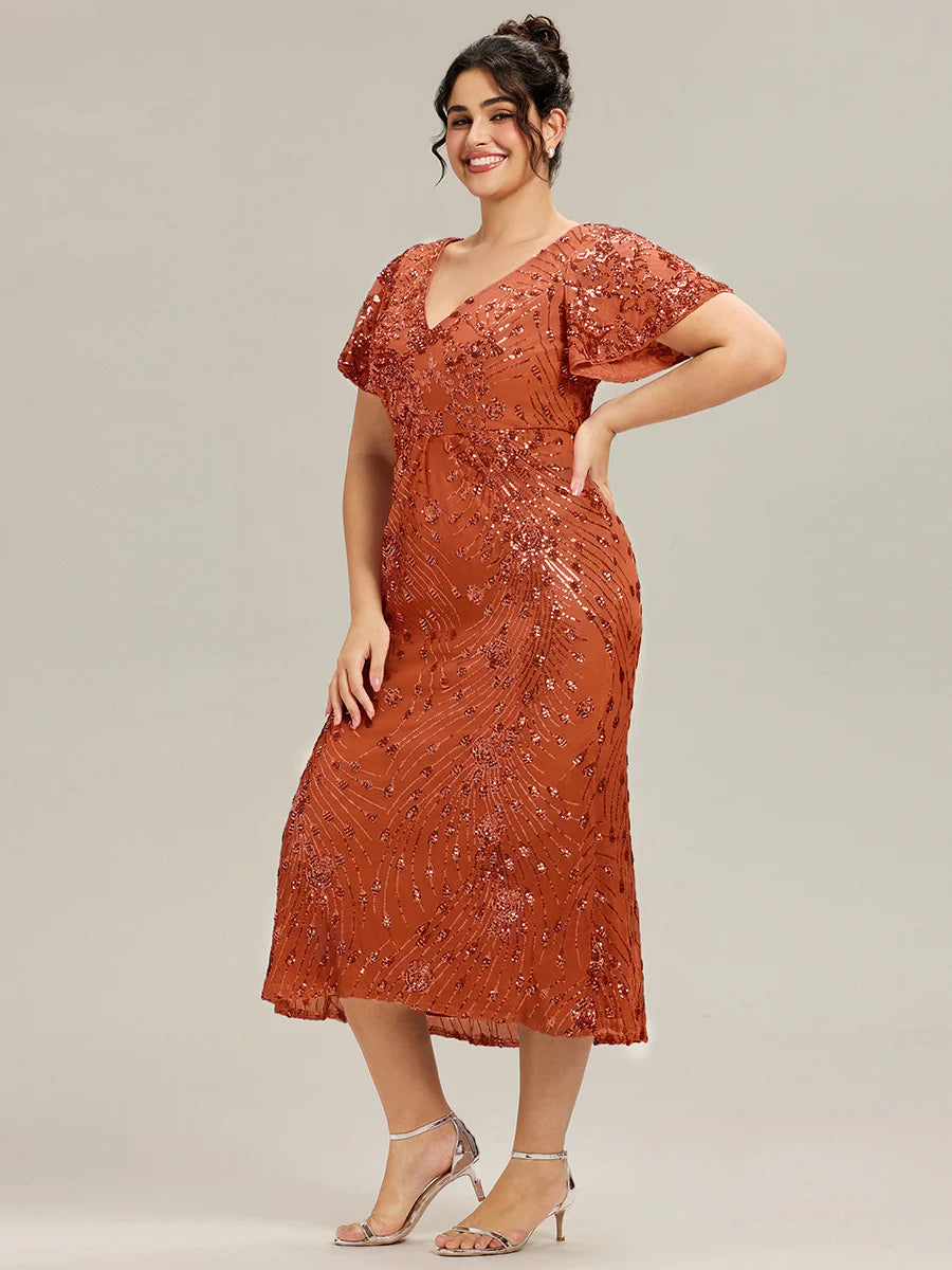 Plus Size Strapless Deep V-Neck Fishtail Paillette Midi Evening Dresses