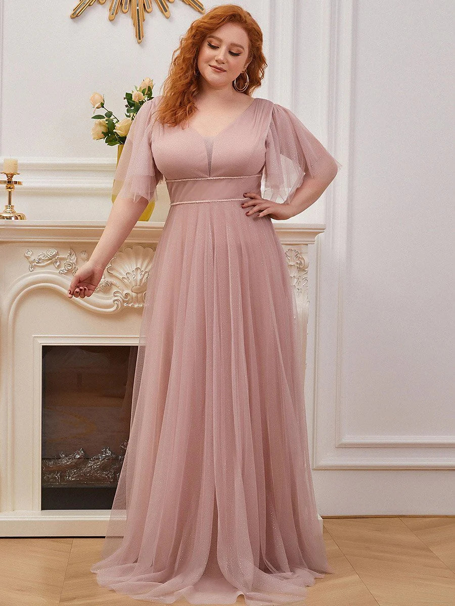 Wholesale Long Deep V Neck Maxi A-Line Tulle Evening Dress
