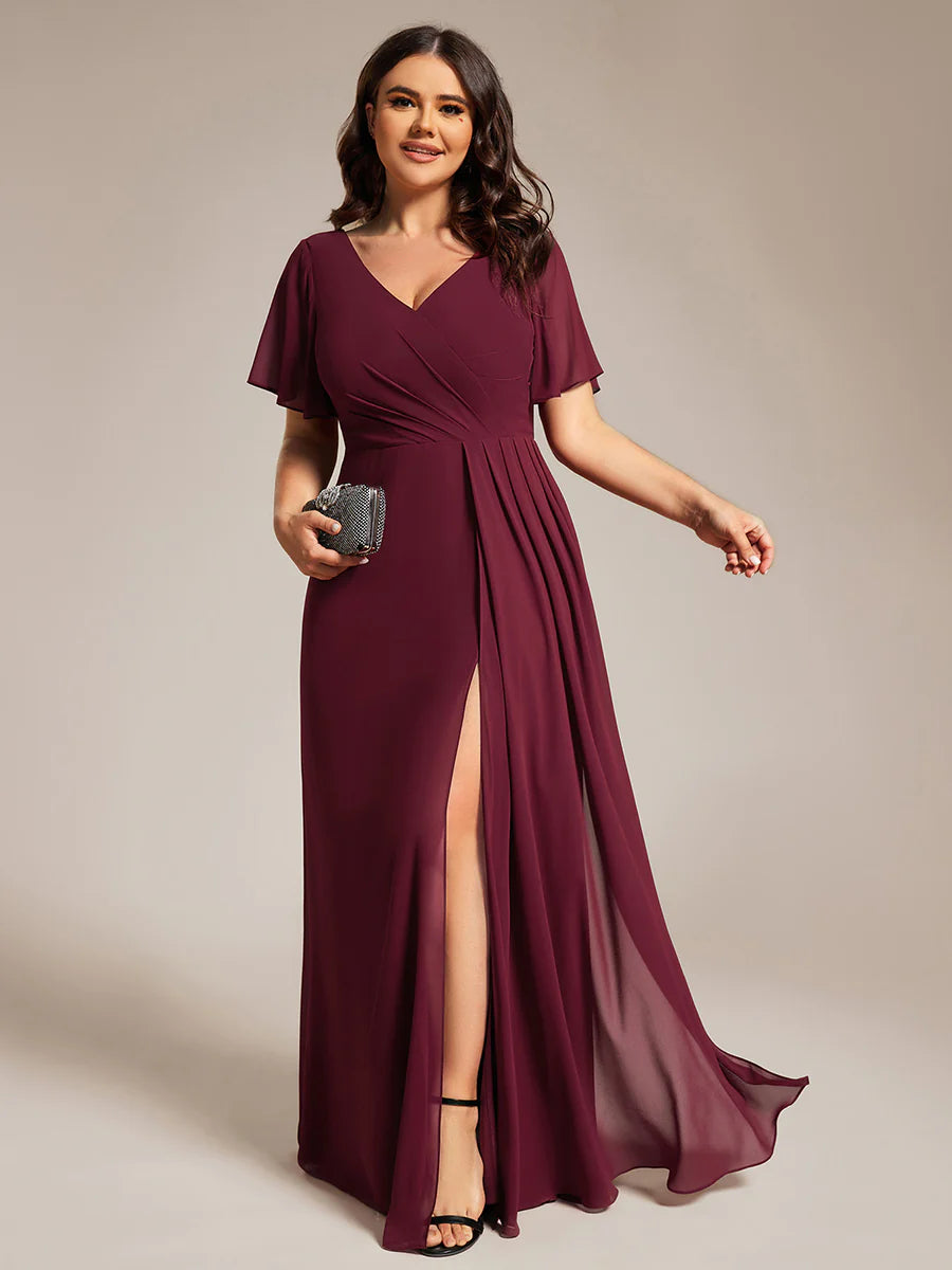 Plus Size Lotus Leaf Ruffles Sleeve asymmetrical Ruched Empire Waist Chiffon Evening Dresses