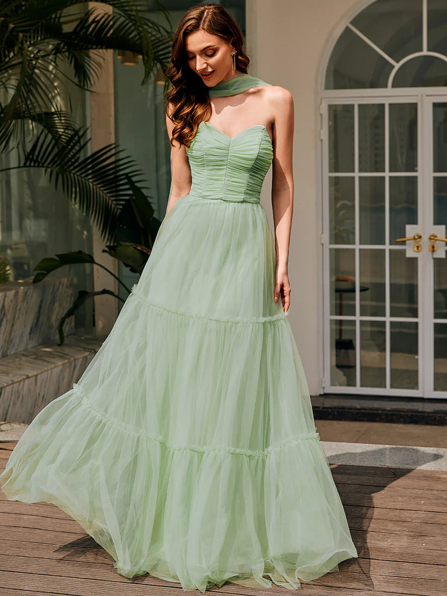 Wholesale Sweetheart Neckline A-Line Sleeveless Long Tulle Bridesmaid Dress