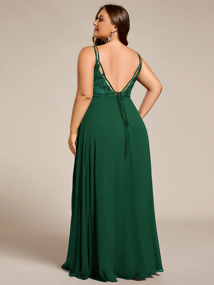 Plus Size Sleeveless V-Neck Appliques A-Line Floor Length Bridesmaid Dresses