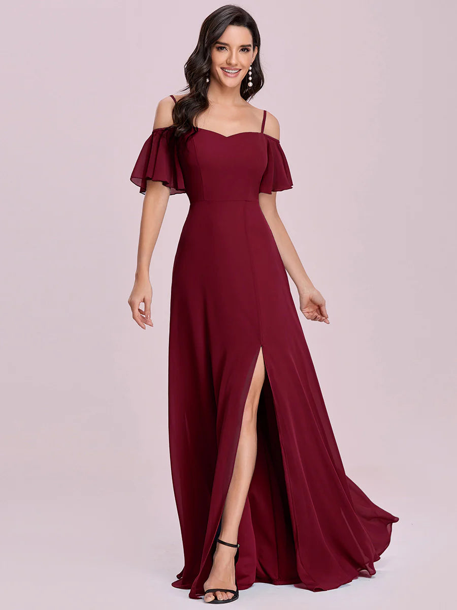 Wholesale High Split Chiffon Bridesmaid Dress With Spaghetti Straps