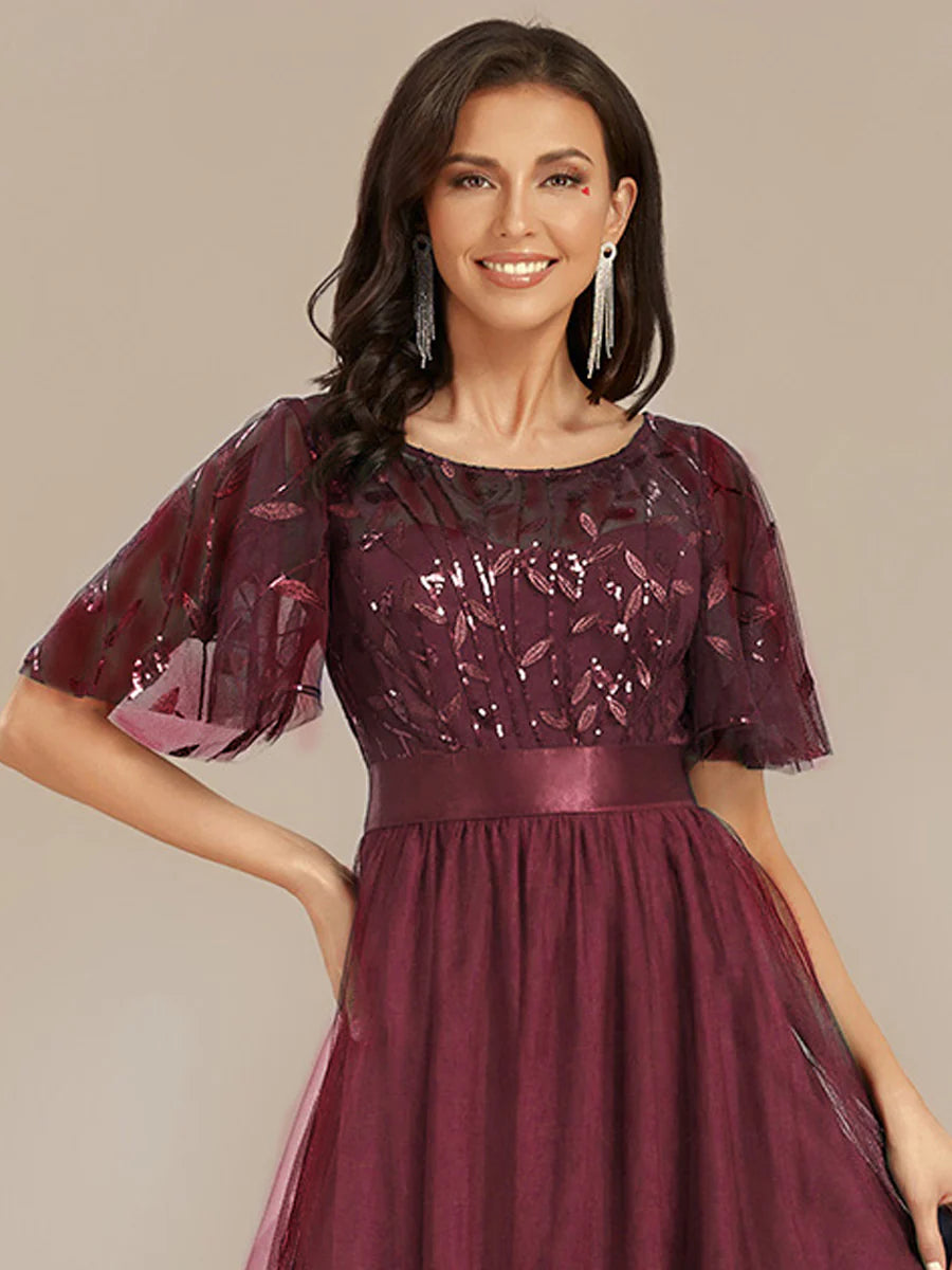 Bulk Order | Plus Size Fit A-Line Deep V-Neck Evening Gown | Ruffled Short Sleeve Midi Dress