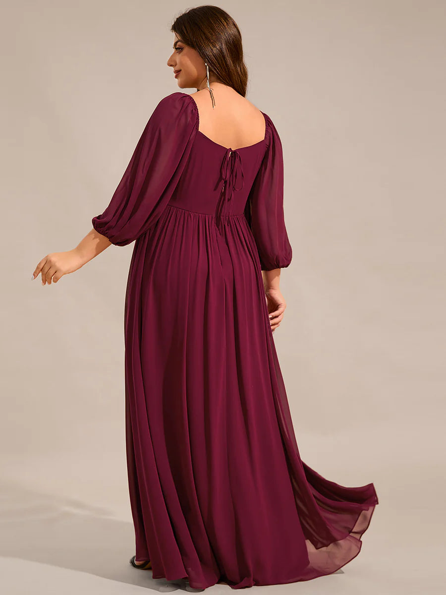 Plus Size Graceful Sweetheart 3/4 Lantern Sleeve Chiffon Bridesmaid Dresses with Frenulum knotting