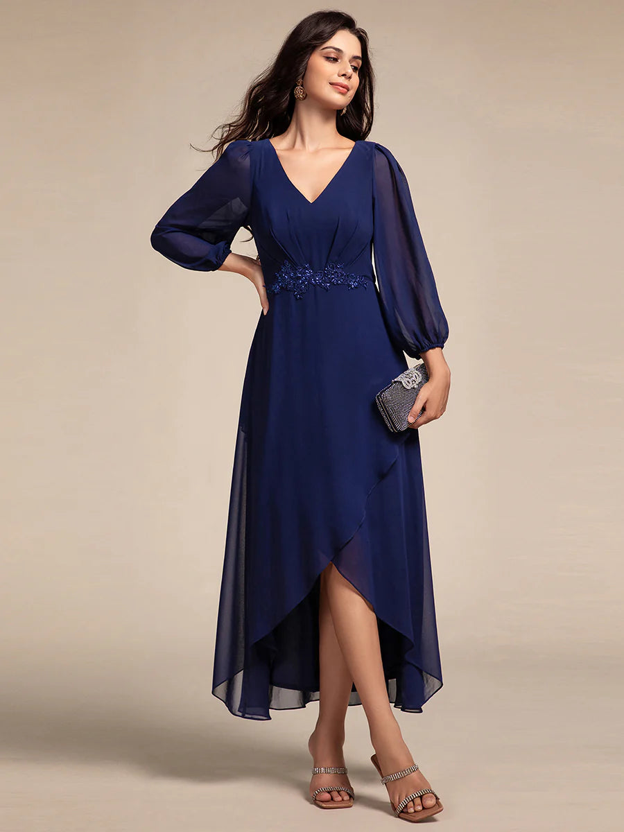 Elegant Applique Empire Waist Nine-Length Chiffon Evening Dresses with Regular fold stream Asymmetrical Hem