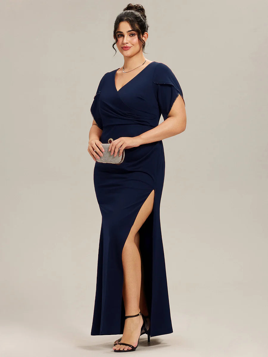 Plus Size Short Sleeve Fishtail Deep V-Neck Thigh-High Slit Evening Dresses