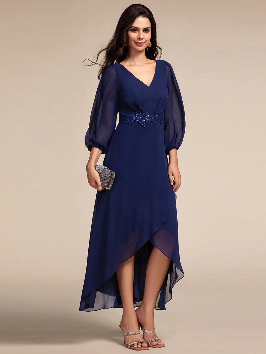 Elegant Applique Empire Waist Nine-Length Chiffon Evening Dresses with Regular fold stream Asymmetrical Hem