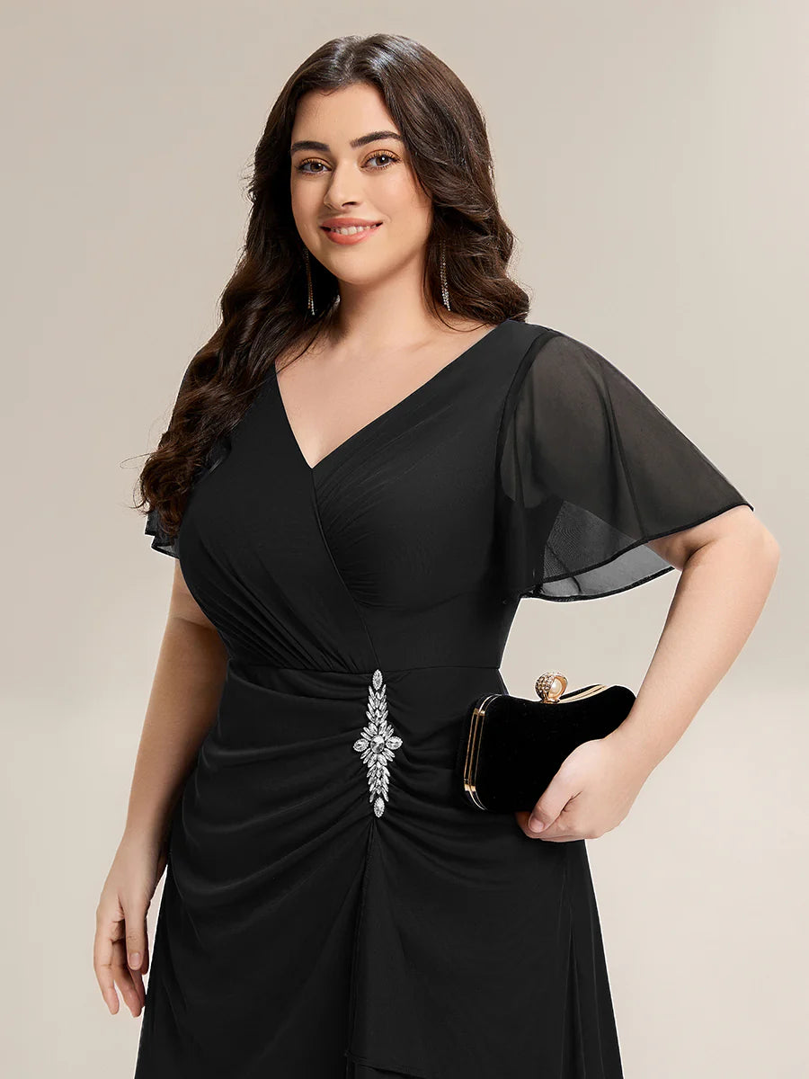 Plus Size Short Sleeve Ruffled Deep V Neck A-Line Slit Maxi Dress for Mother of the Bride
