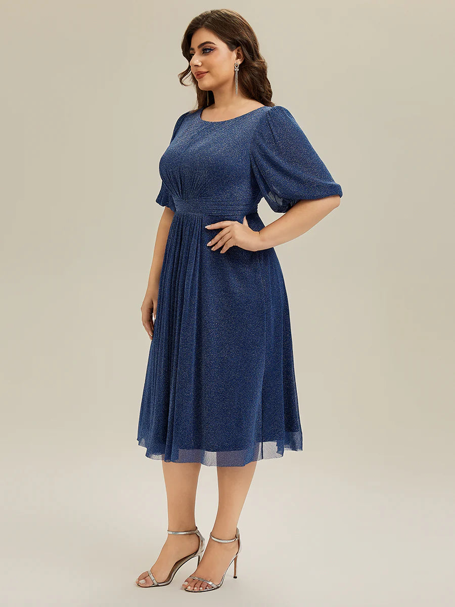 Half Sleeve Gathered A-Line Midi Length Wedding Guest Dresses