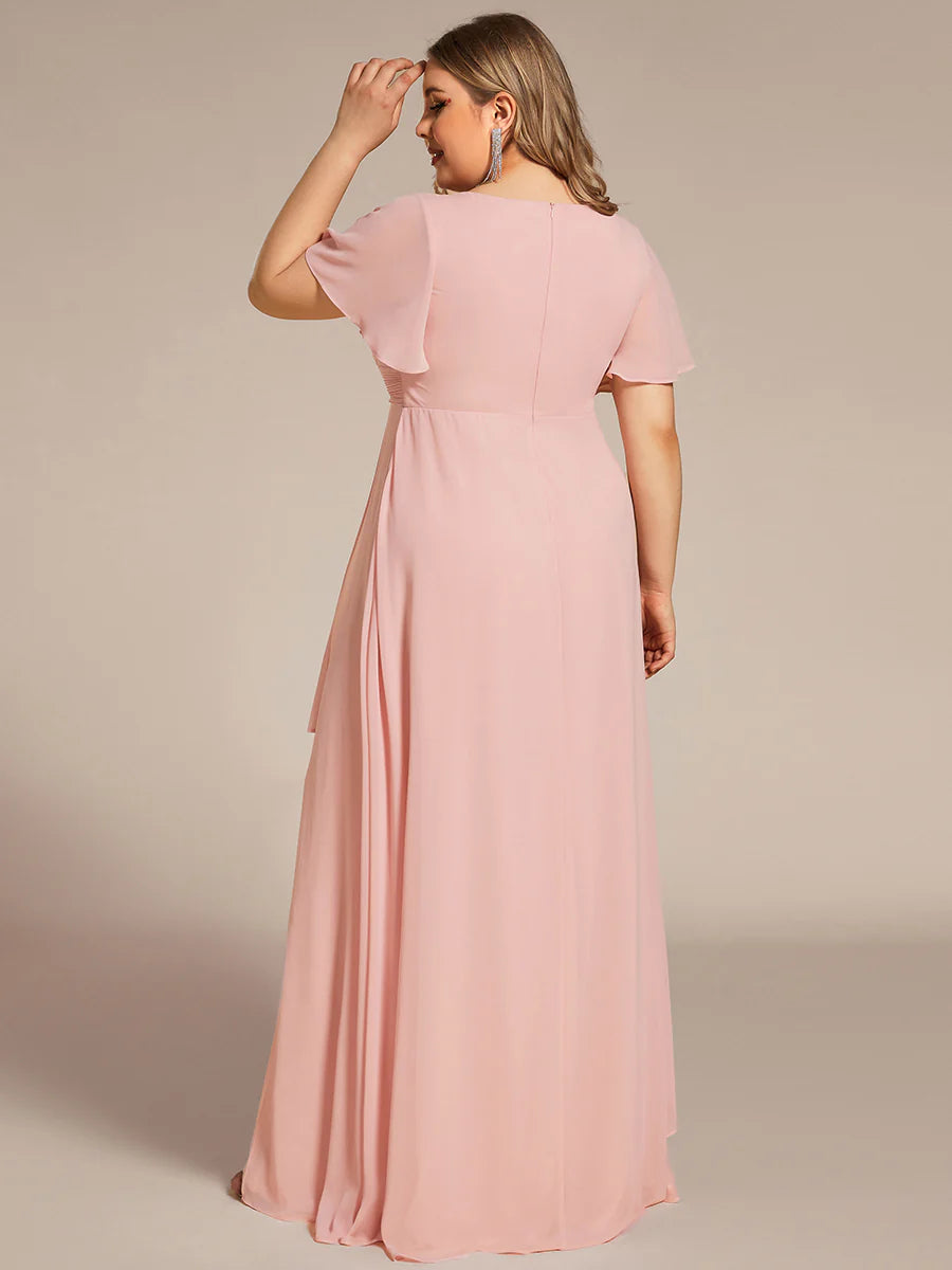 Plus Side Split V Neck Ruched Wholesale Chiffon Bridesmaid Dresses