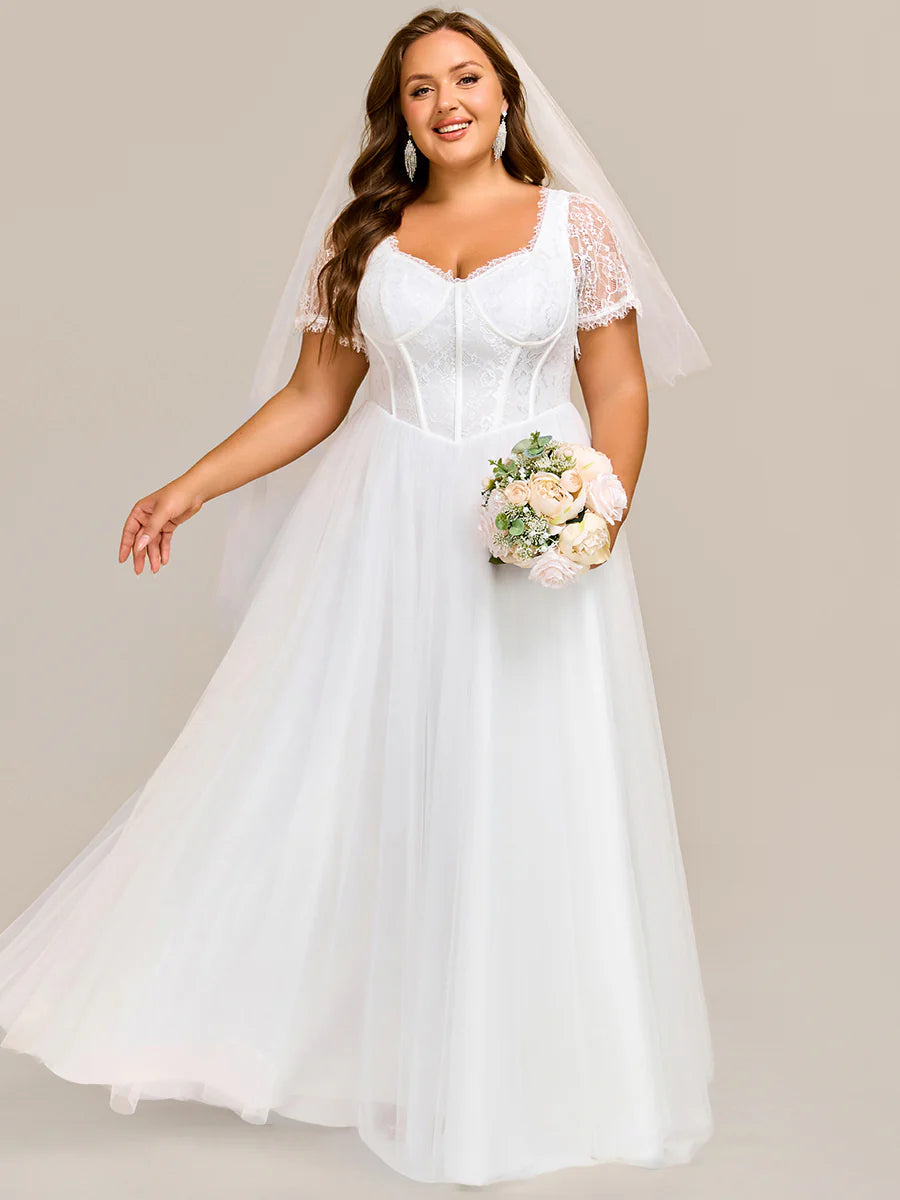 Sweetheart Short Sleeves A-Line Floor-Length Wedding Dress with See-through Details