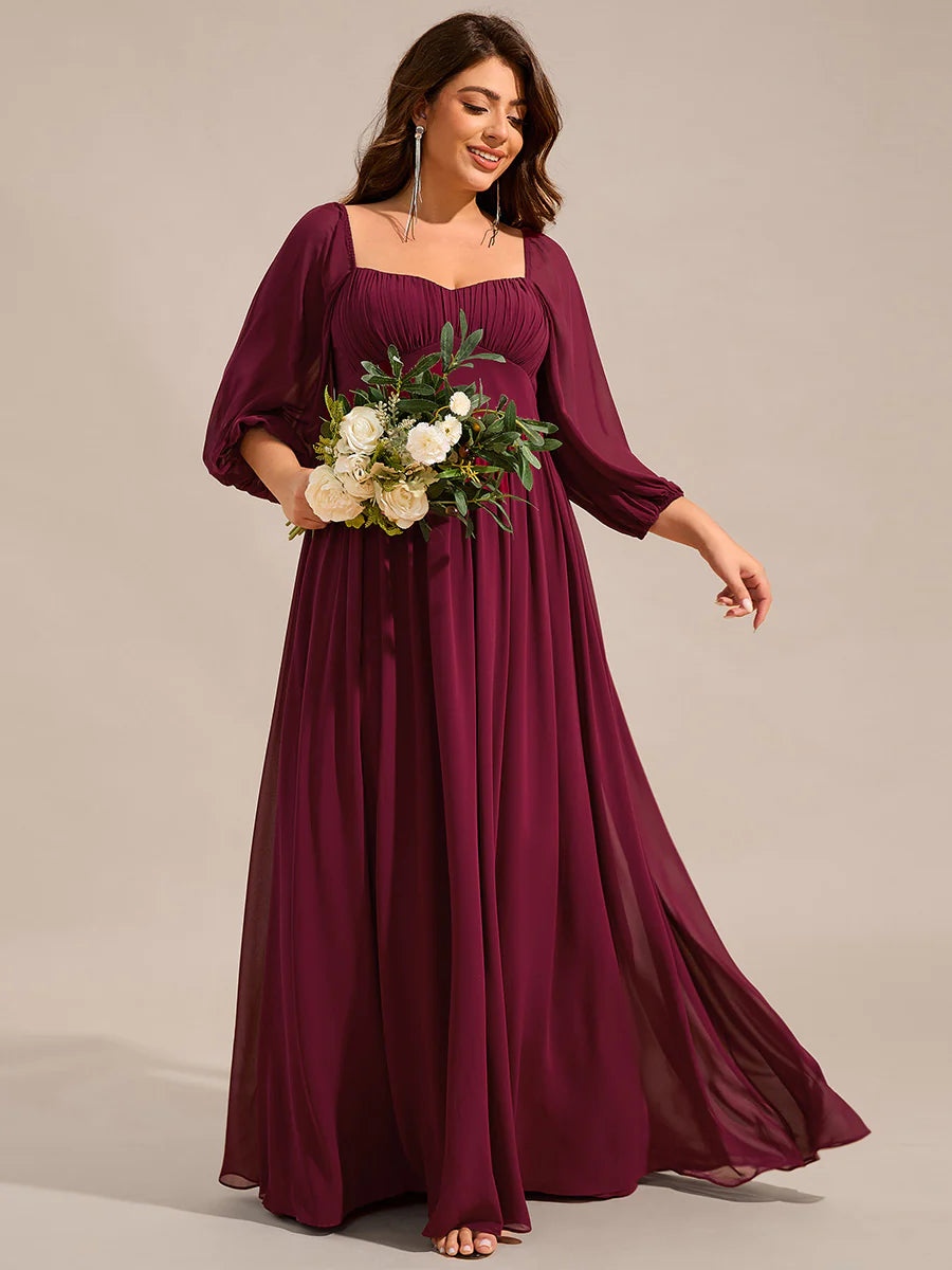 Plus Size Graceful Sweetheart 3/4 Lantern Sleeve Chiffon Bridesmaid Dresses with Frenulum knotting