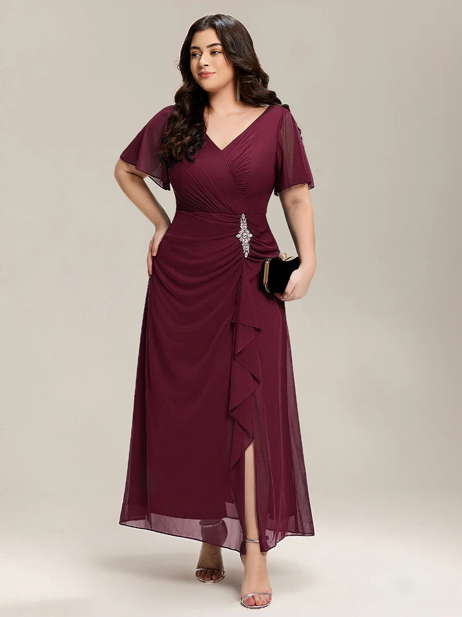 Plus Size Short Sleeve Ruffled Deep V Neck A-Line Slit Maxi Dress for Mother of the Bride