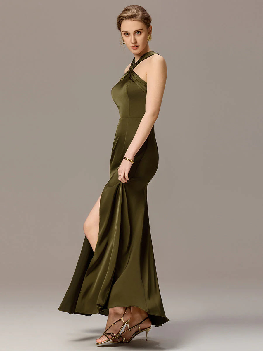 Satin Cross Halter Sleeveless Maxi Bridesmaid Dress Custom