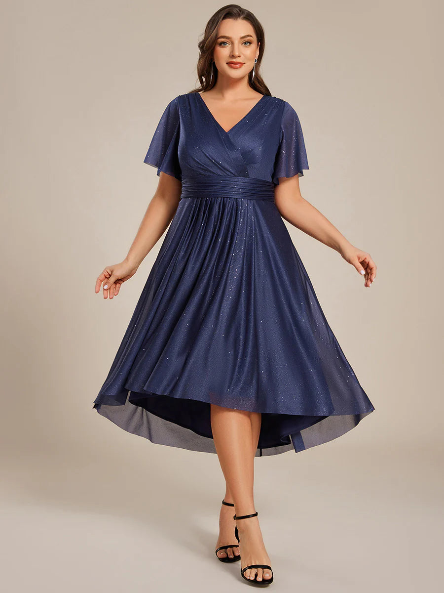 Plus Size Short Sleeve Ruffled Pleated V-Neck A-Line Midi Wedding Guest Dresses