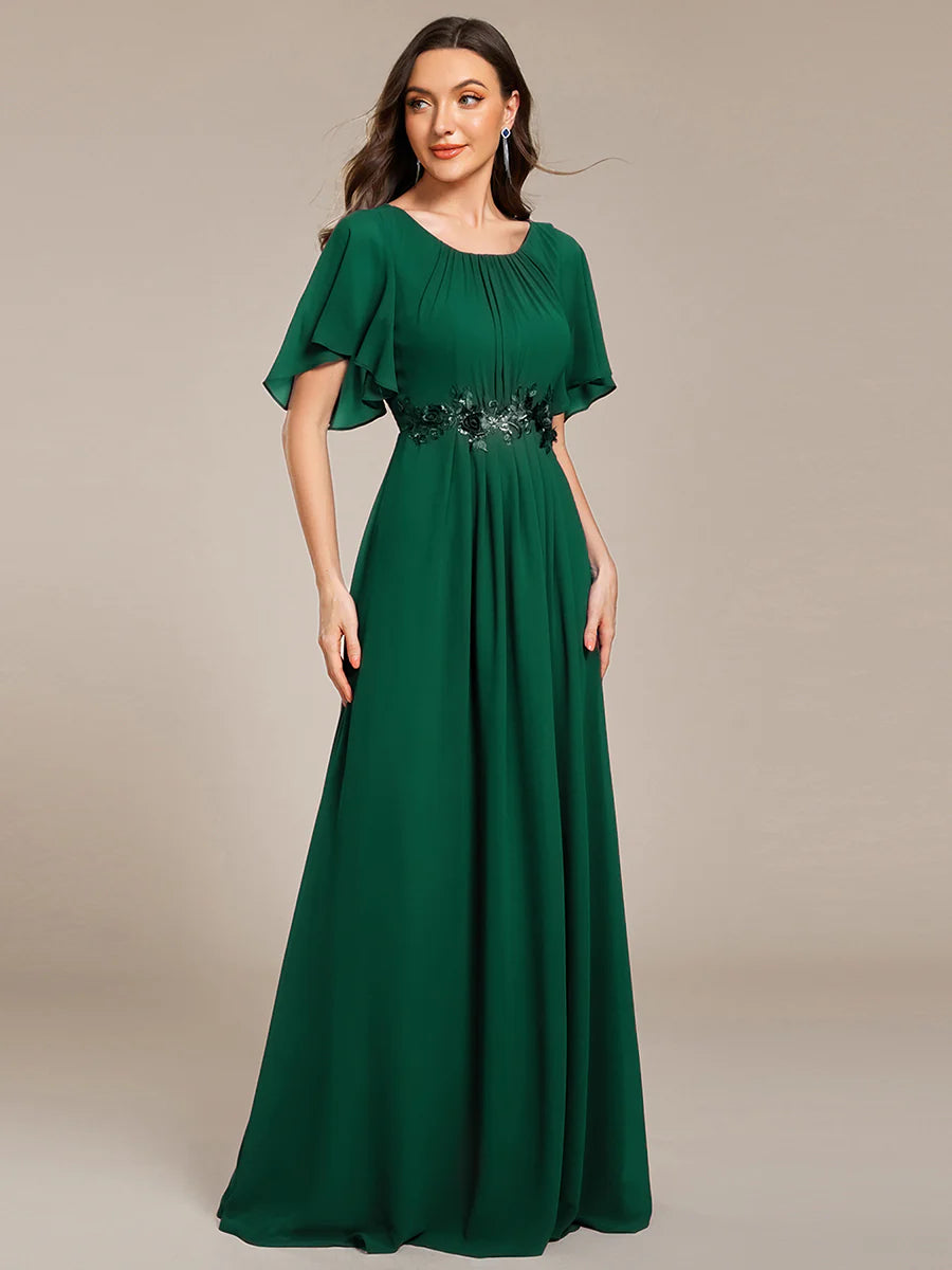 Short Sleeves Pleated Applique A-Line Floor-Length Formal Evening Dress
