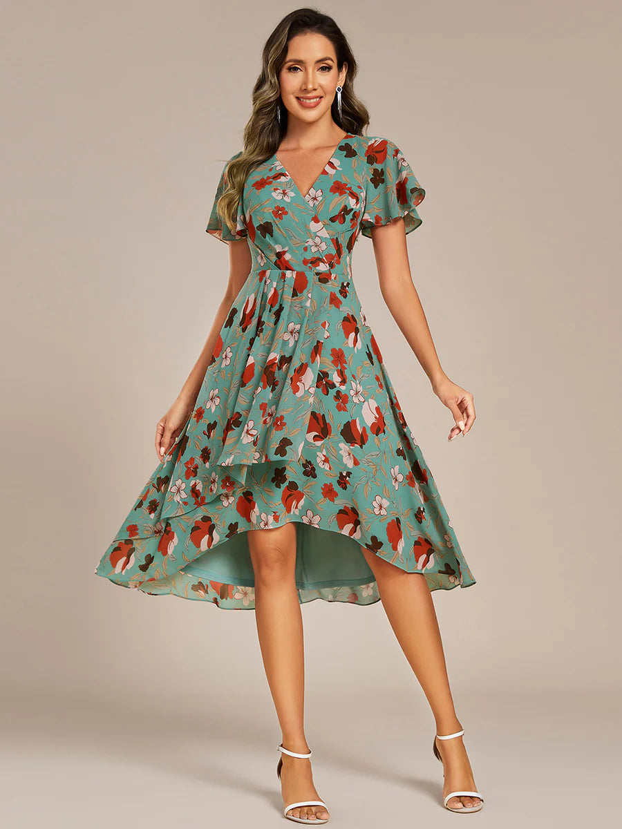 Short Sleeve Ruffled V-Neck Pleated Asymmetrical Midi Wedding Guest Dresses