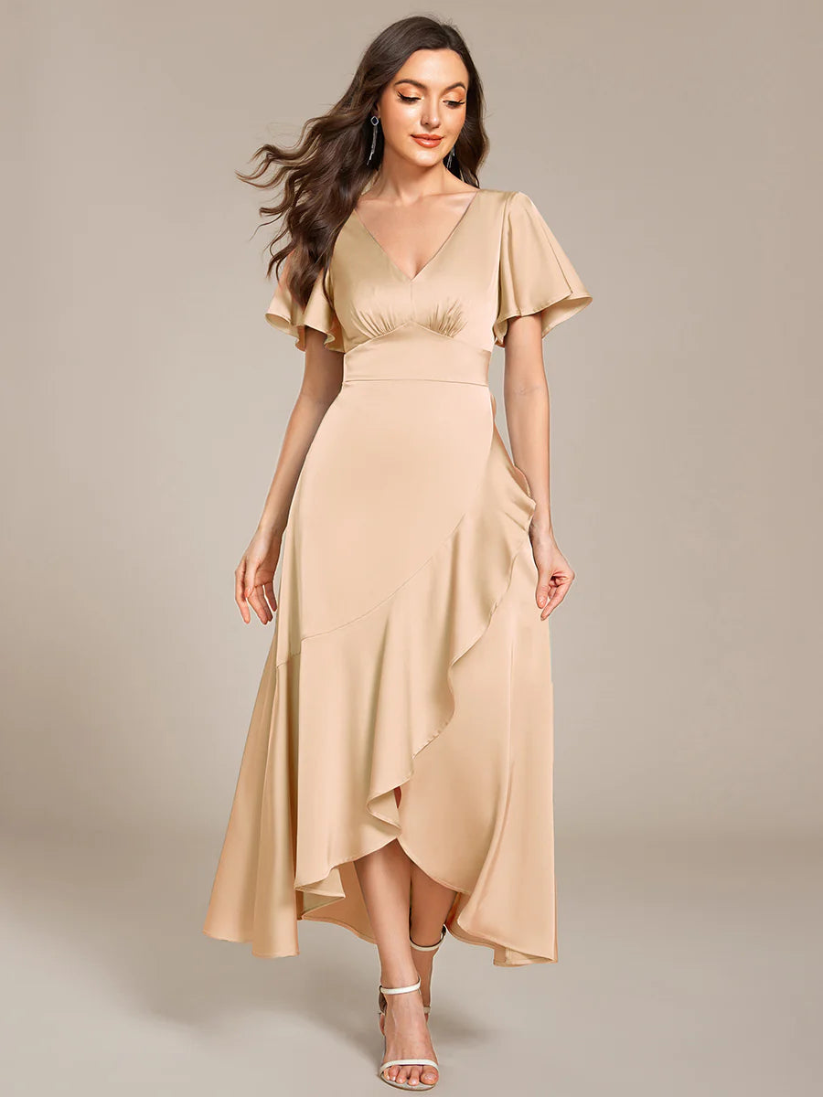 Short Sleeve Ruffled V-Neck Asymmetrical Hem Midi Bridesmaid Dress