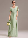 Wholesale | Customizable Double V-Neck Ruffled-Sleeve A-Line Chiffon Dress