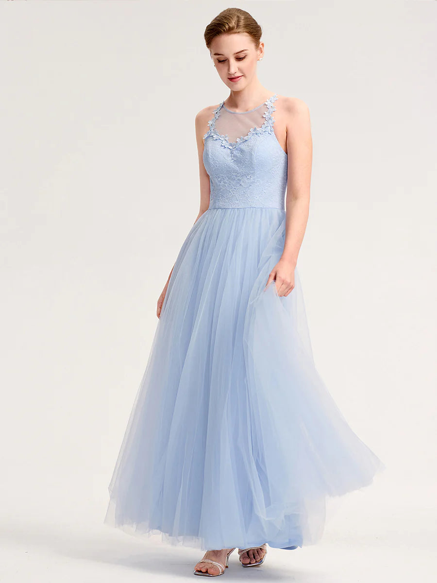 Bulk Order Sleeveless Halter Neck Floral Appliques A-Line Floor Length Bridesmaid Dresses