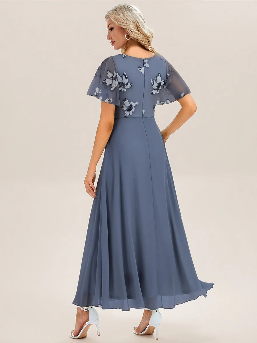 Ruffle sleeves round neck sequined chiffon slim fit evening dress