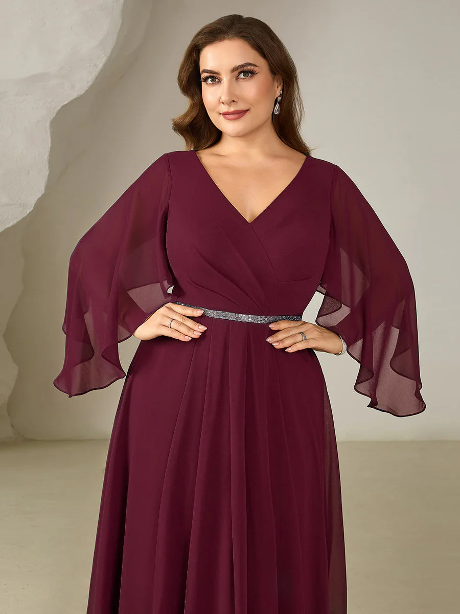 Plus Size 3/4 Sleeve Ruffle Deep V-Neck A-Line Midi Wedding Guest Dresses