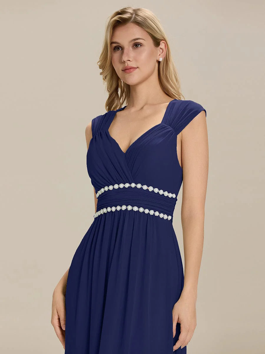 Custom Made Sleeveless Pleated Deep V-Neck A-Line Floor Length Dress; Bridesmaid Dresses