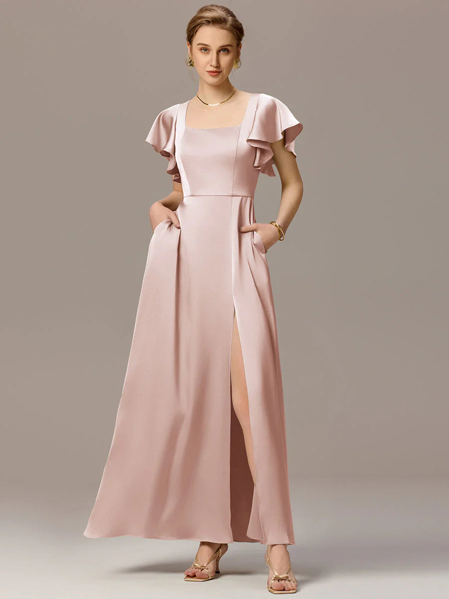 Customized Satin Square Neck Short Sleeve Ruffled Maxi Bridesmaid Dress with Pockets