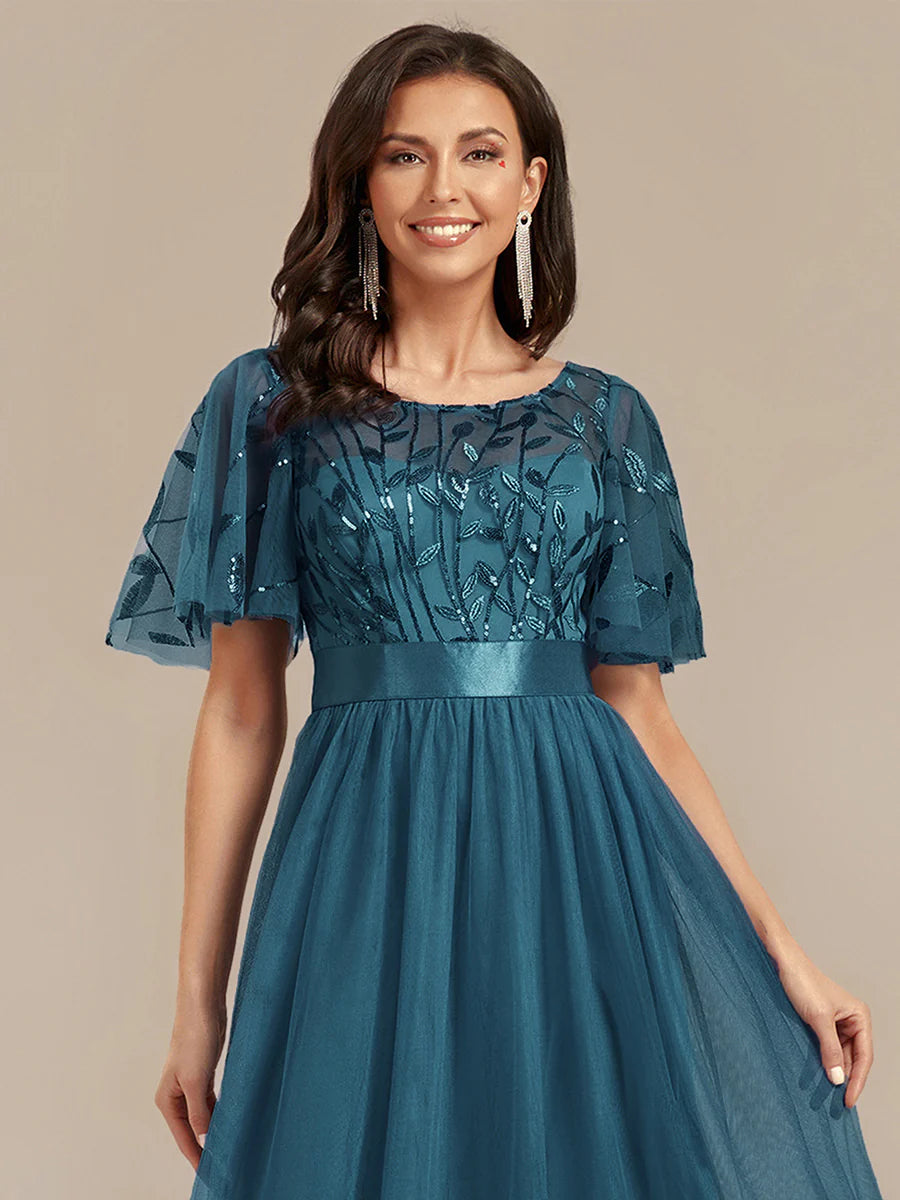 Bulk Order | Plus Size Fit A-Line Deep V-Neck Evening Gown | Ruffled Short Sleeve Midi Dress