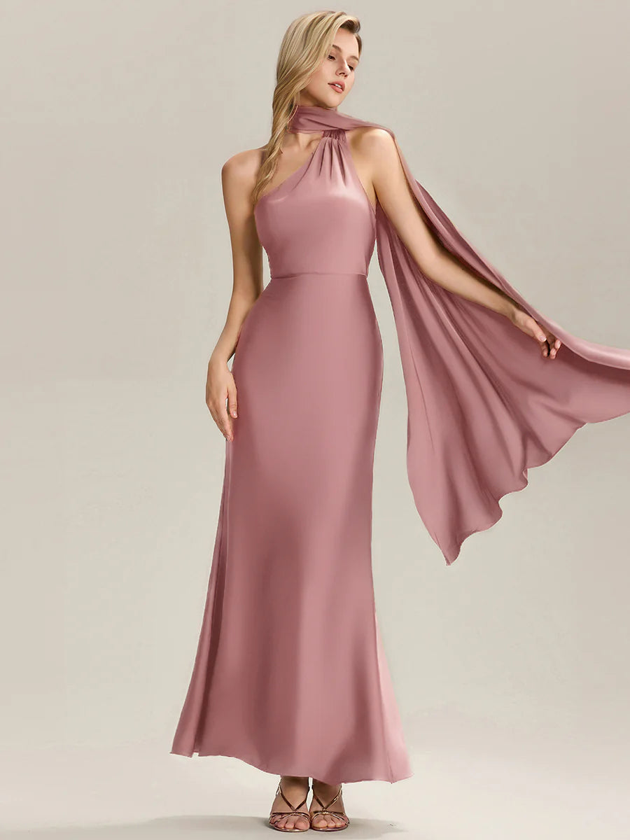 Short Sleeves V-Neck Backless Fishtail Floor Length Bridesmaid Dresses