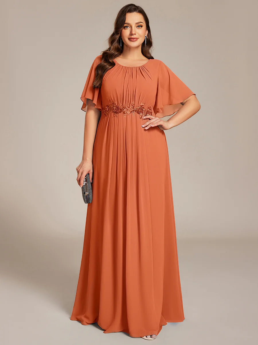 Short Sleeves Pleated Applique A-Line Floor-Length Formal Evening Dress