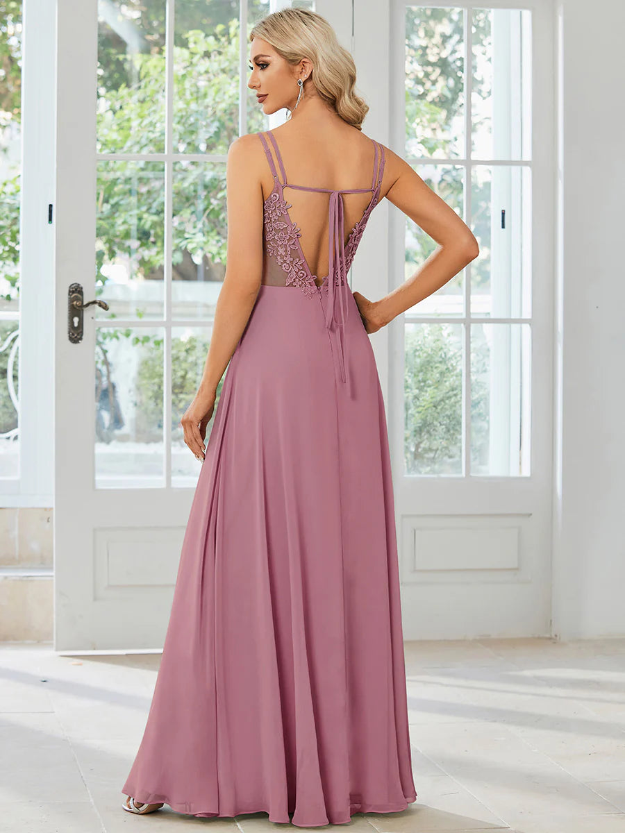 Lace V Back Chiffon Wholesale Bridesmaid Dresses