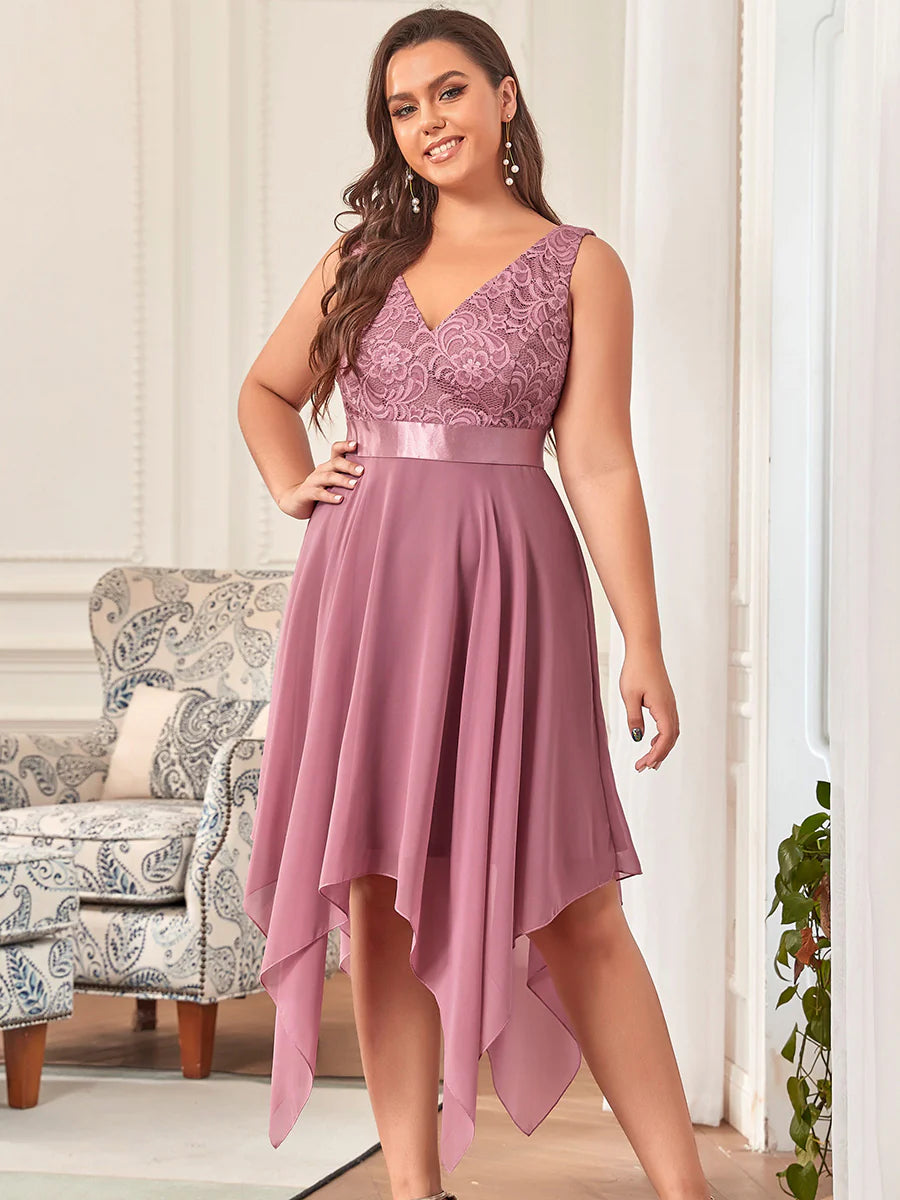 Plus Size Deep V Neck Asymmetrical Hem Sleeveless Wholesale Dresses