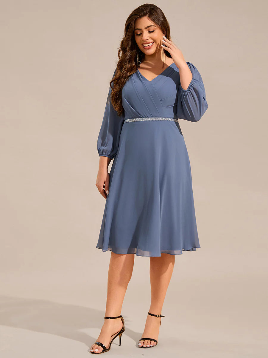 Plus Size Elegant Midi Length Long Lantern Sleeves Chiffon Wedding Guest Dresses