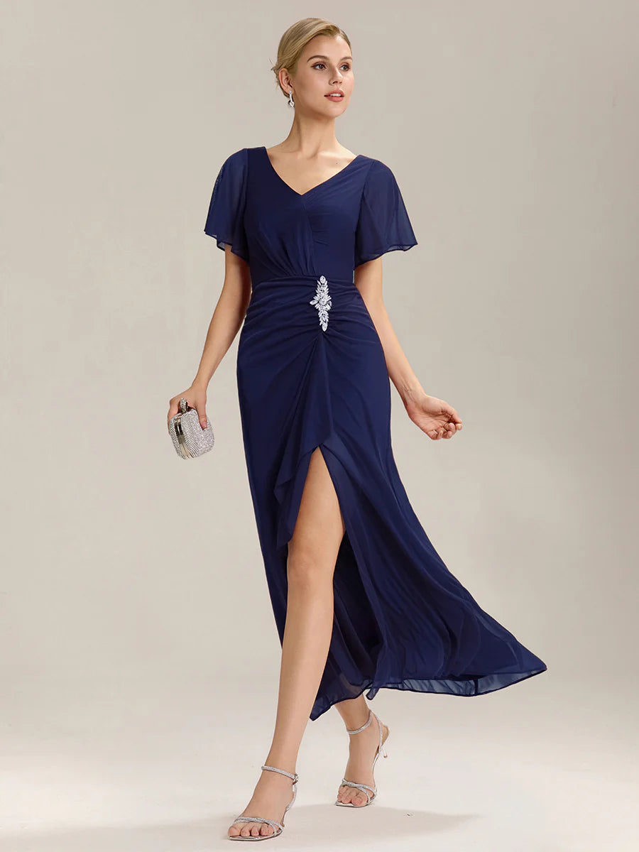 Short Sleeve Ruffle Deep V-Neck A-Line Maxi Dress with Slit Mother of the Bride Dresses