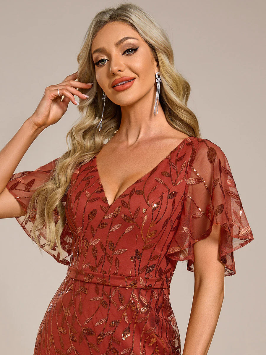 Gorgeous V Neck Leaf-Sequined Fishtail Wholesale Evening Dress