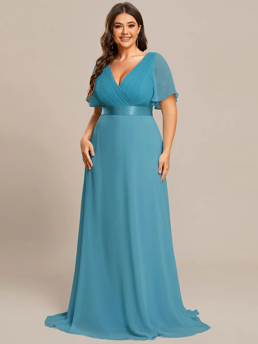Double V-Neck Ruffles Padded Plus Size Wholesale Evening Dresses