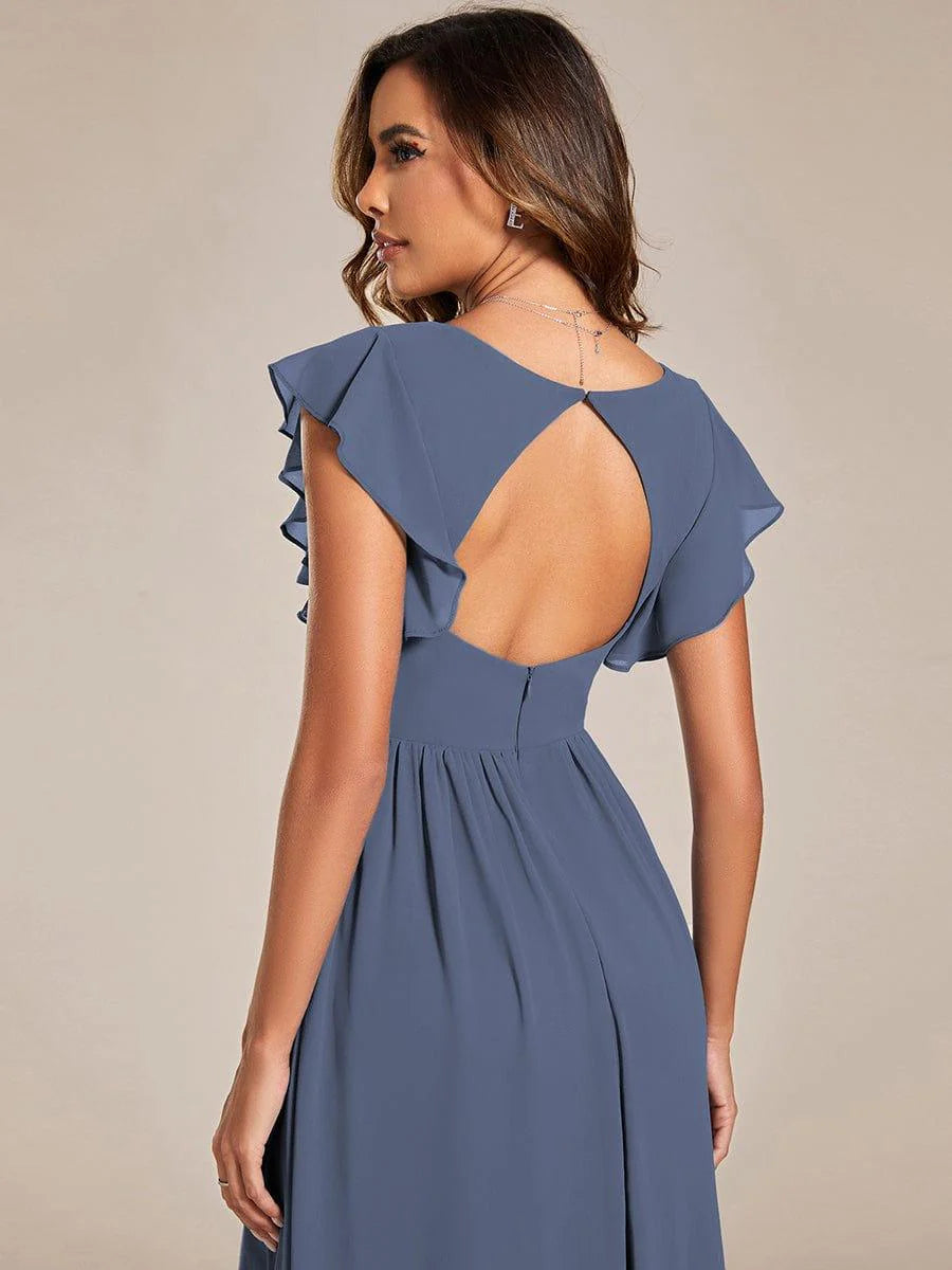 Ever LILYANA|Elegant V-Neck Open Back Ruffled Sleeves Chiffon Bridesmaid Dress