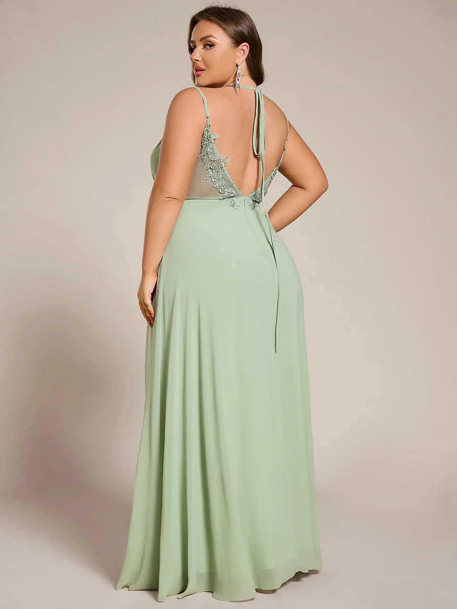Plus Size Sleeveless V-Neck Appliques A-Line Floor Length Bridesmaid Dresses