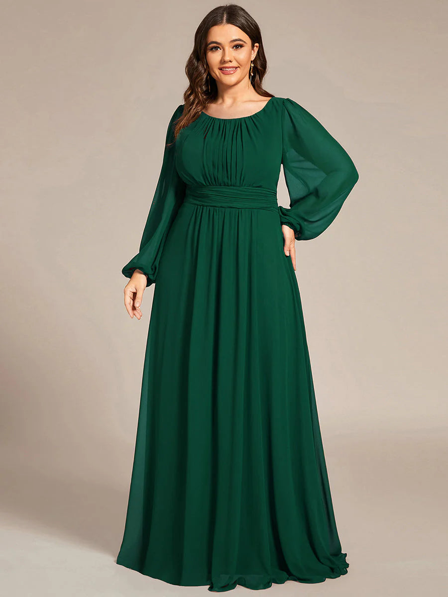 Plus Size Round Neck Wholesale Bridesmaid Dresses with Long Lantern Sleeves
