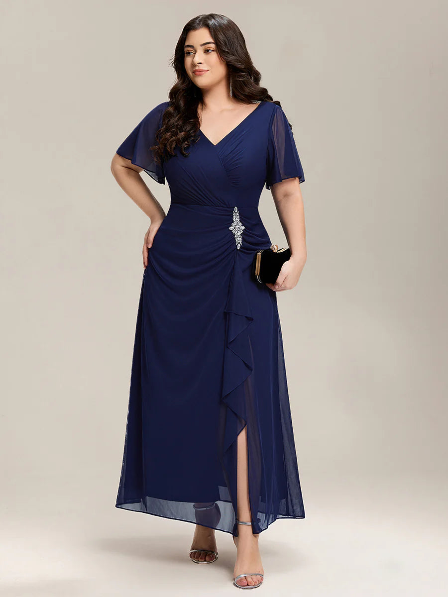Short Sleeve Ruffle Deep V-Neck A-Line Maxi Dress with Slit Mother of the Bride Dresses