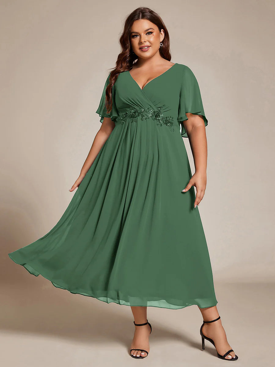 Applique V Neck Tea Length Wedding Guest Dress With Short Sleeves