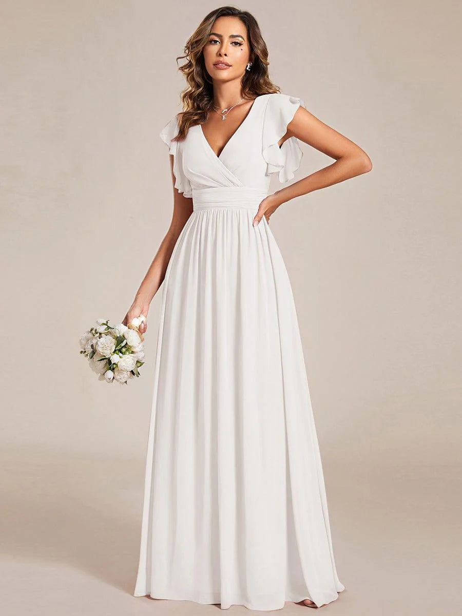 Ever LILYANA|Elegant V-Neck Open Back Ruffled Sleeves Chiffon Bridesmaid Dress