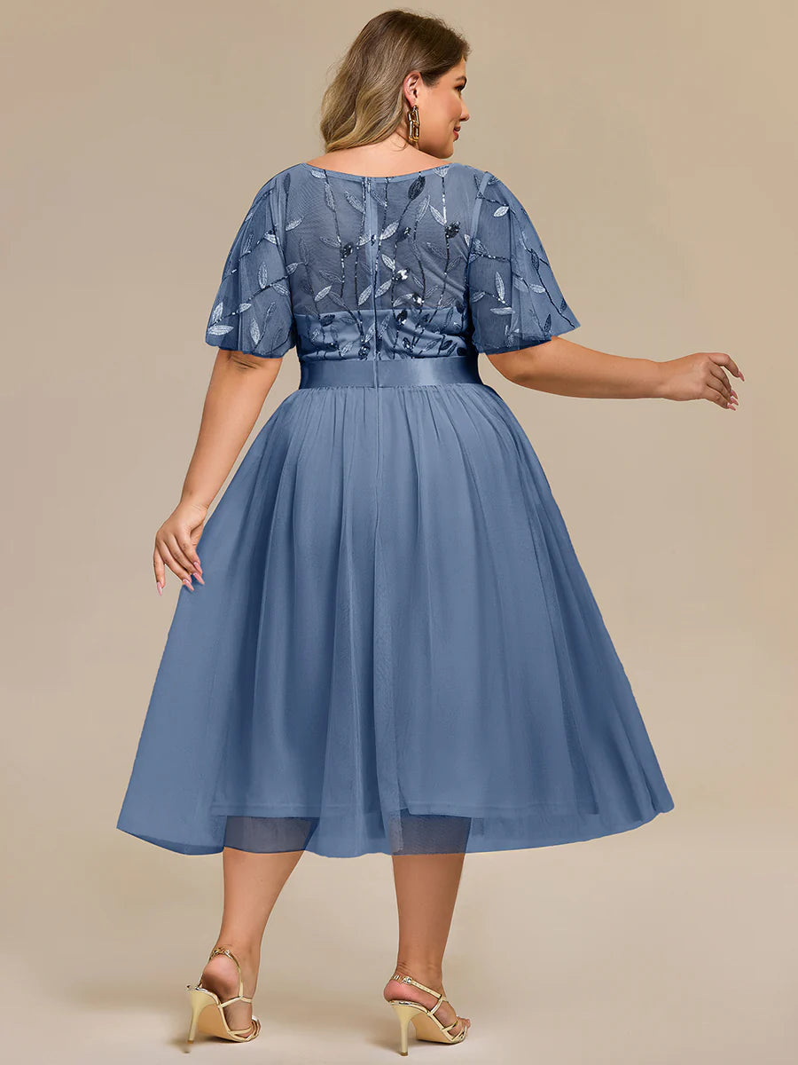 Bulk Order | Plus Size Fit A-Line Deep V-Neck Evening Gown | Ruffled Short Sleeve Midi Dress