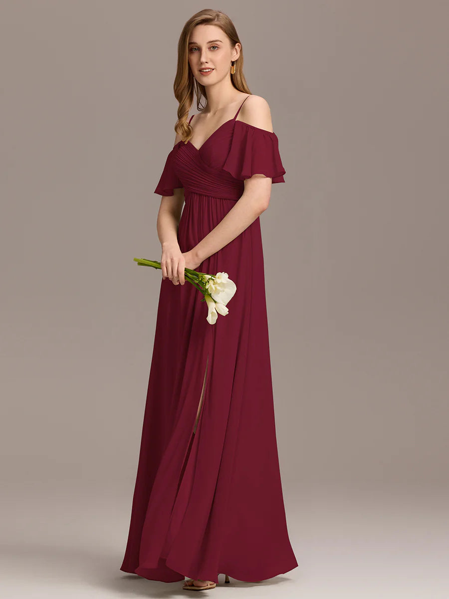 Short Sleeve Off Shoulder Pleated A-Line Split Floor-Length Bridesmaid Dresses