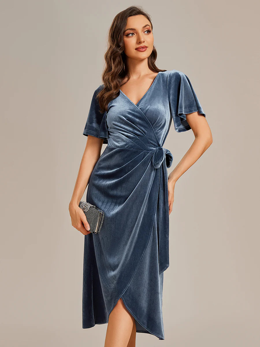 One-piece Type Velvet Tea Length  Wedding Guest Dress
